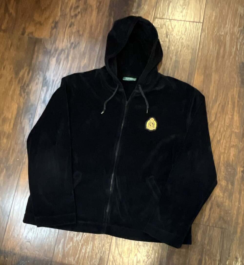 Lauren Ralph Lauren Black Velour Full-Zip Hoodie with Gold Crest Patch